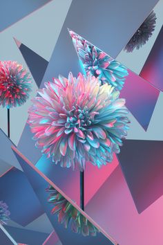 two large flowers are in front of an array of geometric shapes on a blue and pink background