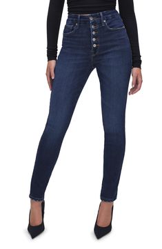 These skinny jeans are made from stretchy denim with exposed buttons that spotlight its gap-proof, contoured high waist. LycraXFit technology brings four-way stretch to the denim so you can move seamlessly throughout your day. 29" inseam; 10" leg opening; 11 1/2" front rise; 15 1/2" back rise (size 10) Exposed-button fly Five-pocket style 93% cotton, 5% Lycra® elastomultiester, 2% Lycra® spandex Machine wash, tumble dry Imported Black Owned/Founded High Waist Stretch Jeans With Buttons, Stretch High Waist Jeans With Buttons, High Rise Stretch Jeggings With Button Closure, Stretch High Rise Jeggings With Button Closure, High Waist Fitted Jeggings With Button Closure, High Waist Fitted Jeans With Button Closure, Fitted High Waist Jeans With Button Closure, Stretch Straight Leg Jeans With Buttons, Fitted Dark Wash Button-up Jeans