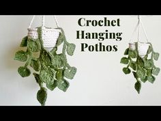 two crocheted hanging pothoses with leaves attached to them, one is green and the other is white