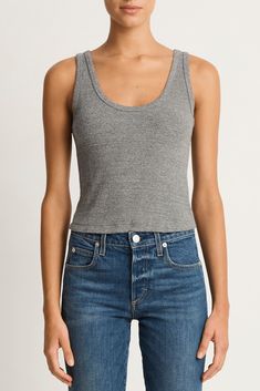 AMO Denim Crop Rib Tank - Heather Grey Everyday Cropped Tops With Built-in Bra, Fitted Cropped Tank Top In Medium Wash, Everyday Bra Friendly Cropped Tops, Stretch Medium Wash Tops For Everyday, Stretch Tops In Medium Wash For Everyday, Stretch Tops For Everyday Use, Medium Wash Cotton Crop Top, Stretch Denim Cropped Crop Top, 30 Percent Off