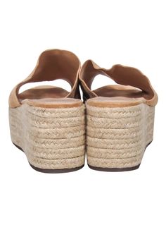 Make a splash in these Schutz "Thalia" espadrilles! Put your best foot forward with the beach-ready tan color and platform design. You'll be stylishly set for a day of sun and sand with your swimwear, sunglasses, and tote in hand! Size 8 Suede upper Espadrille woven platform Rubber sole Slide on Platform heel 3" Toe to heel 9.5" Platform Espadrille Slip-on Sandals, Espadrilles With Cushioned Footbed For Outings, Summer Wedge Sandals With Rubber Sole And Round Toe, Beach Straw Wedge Sandals With Cork-bed Midsoles, Comfortable Straw Platform Wedge Sandals, Natural Straw Platform Espadrilles, Summer Platform Espadrilles With Straw, Summer Platform Espadrilles Made Of Straw, Summer Straw Platform Espadrilles