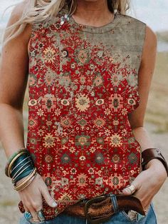 Women's Western Vintage Floral Rust Red Tribal Print Sleeveless Tank Shirt Western Vintage, Cheap Clothing, Womens Tops Summer, Spring Outfits Women, Cowgirl Style, Printed Sleeves, Sleeveless Tank, Summer Tops, Clothing Women