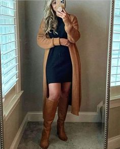 Dress With Long Boots Fall Outfits, Long Brown Dress Outfit Winter, Fall Thigh High Boots Outfit, Long Dress And Boots Outfit Winter, Brown Boots And Dress Outfit, Outfits With Cognac Boots, Dress With Knee High Boots Fall Outfits, Tall Boots With Skirt, Dressy Outfit With Boots