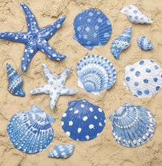 blue and white seashells on the sand with polka dot dots are arranged in a circle