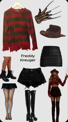 a collage of clothes and accessories with the words froddy kreuger