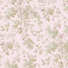 a pink and green floral wallpaper with small white flowers on the left hand side