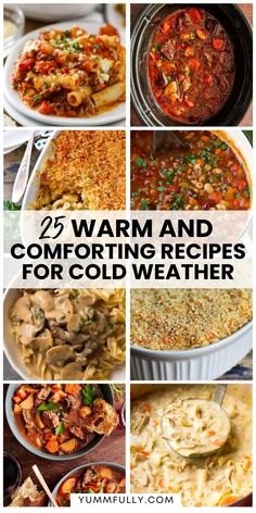 many different dishes with the words warm and comforting recipes for cold weather on them, including soup