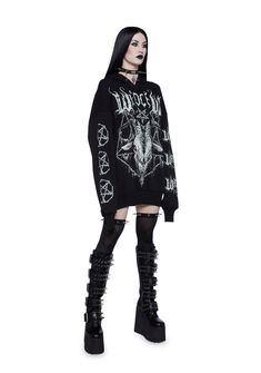 cuz you love goth metal. This hoodie has word and Baphomet graphics on the front and sleeves, adjustable drawstrings, and an oversized fit. Goth Metal, Free Socks, Ski Mask, Slipknot, Dolls Kill, Gothic Fashion, Exclusive Collection, Black Hoodie, Online Boutique