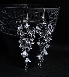 Long Floral Earrings Black Silver Statement Earrings Gift for - Etsy Black Wedding Earrings, Handmade Flower-shaped Earrings For Evening, Handmade Flower-shaped Evening Earrings, Handmade Flower Earrings For Evening, Silver Jewelry With 3d Flowers For Party, Party Silver Jewelry With 3d Flowers, Handmade Dangle Flower Earrings For Formal Occasions, Silver Flower Drop Earrings For Evening, Formal Handmade Dangle Flower Earrings