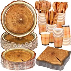 there are many different types of wooden plates and cups on this tableware display set