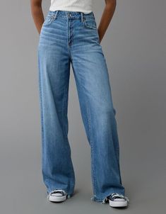 AE Dreamy Drape Stretch Super High-Waisted Baggy Wide-Leg Jean Cheap Cute Jeans, Jean Ideas Outfit, Cute High Rise Jeans, Baggy Jeans American Eagle, Plus Size Loose Jeans, American Eagle Wide Leg Jeans, Cute Jeans Baggy, Jeans With No Holes, Cheap Jeans Where To Buy