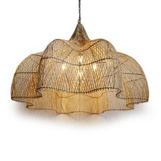 a light that is made out of bamboo and has lights hanging from the ceiling above it