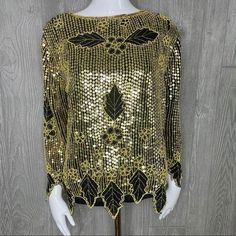 Silk made in India sequin and beaded shirt medium Luxury Silk Sequin Blouse Piece, Gold Embellished Long Sleeve Blouse, Elegant Sequined Button-up Blouse, Semi-stitched Sequined Silk Blouse, Glamorous Semi-stitched Sequin Blouse, Beaded Shirt, Vintage Silk, Shirt Blouses, Favorite Outfit