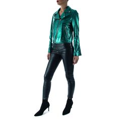 ITALIAN WOMEN BIKER LEATHER JACKET MADE WITH GENUINE LAMBSKIN LEATHER .METALLIC FOILED . COLOR : METALLIC TEAL . SIZE , FOR MORE DETAILS OF THE MEASUREMENTS PLEASE CHECK THE PICTURE #10. MADE IN ITALY (FADI -VERA PELLE) We've done our best to represent our true colors but due to the differences in screen resolution for computer monitors, colors can vary slightly. MATERIAL All our skins are tanned in Italy We Guaranty 100% the quality of what we are selling. SHIPPING & HANDLING LEATHER JACKET Fitted Biker Leather Jacket For Party, Fitted Leather Biker Jacket For Parties, Winter Party Leather Biker Jacket, Luxury Fitted Biker Jacket For Spring, Fitted Green Leather Jacket, Fitted Green Leather Jacket With Long Sleeves, Fitted Green Leather Jacket With Zipper, Green Fitted Leather Jacket With Zipper Closure, Fitted Green Leather Jacket With Zipper Closure