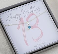 Sterling silver 13th birthday birthstone necklace, makes the perfect gift to mark this special milestone birthday. Choose either her birthstone or favourite colour from the birthstone chart. The necklace is displayed on a pretty 13th birthday presentation card.  It is tucked inside a luxurious Georgia & Grace jewellery box and secured with a hand tied ribbon. If required a handwritten gift card will be tucked under the bow, ready for gifting. Matching items available. The necklace measures 18 in Silver Birthstone Necklace For Birthday And Mother's Day, Silver Birthstone Necklace For Birthday, Silver May Birthstone Necklace For Birthday, Silver Birthstone Necklace For May Birthdays, May Birthstone Necklace For Birthday, Silver Birthday Necklaces With May Birthstone, Silver Necklace For Birthday With May Birthstone, Silver Necklace With May Birthstone For Birthday, Silver Necklace With May Birthstone