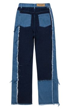 From the label's Legacy collection comes a pair of patchwork nonstretch-denim jeans traced with frayed seams for a distressed yet still chic look. 31" inseam; 24" leg opening; 13 1/2" front rise; 16" back rise (size Medium) Zip fly with button closure Five-pocket style 100% cotton Machine wash, tumble dry Imported Black Owned/Founded Cutoff Jeans With Frayed Hem In Recycled Denim, Blue Recycled Denim Flare Jeans With Frayed Hem, Blue Flare Jeans With Frayed Hem In Recycled Denim, Recycled Denim Cutoff Jeans With Frayed Hem, Distressed Blue Flare Jeans In Recycled Denim, Dark Wash Cotton Cutoff Cropped Jeans, Dark Wash Cotton Cropped Cutoff Jeans, Distressed Blue Recycled Denim Flare Jeans, Blue Distressed Cotton Cropped Jeans