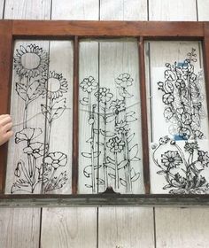 Drawing On Glass Frame, Painted Glass Frame Diy Projects, Painting On Windows Panes, Art On Glass Frame, Painted Window Panes Diy, Paint On Glass Frame, Front Yard Diy Decor, Painting Old Windows, Paintings On Glass Frames