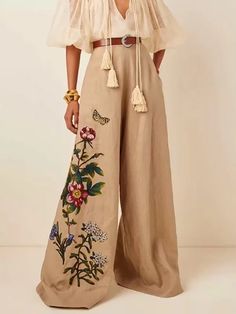 High Waisted Loose Belted Flower Print Pockets Pants Trousers Linen Style Fashion, Moda Hippie, Pockets Pants, Leisure Fashion, Loose Trousers, Wide Leg Linen Pants, Printed Trousers, Linen Style, Style Mistakes