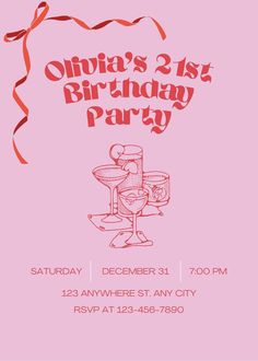 a pink birthday party flyer with an image of a wine glass and ribbon on it