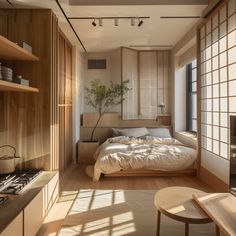 a bed sitting in a bedroom next to a wooden shelf filled with dishes and cups