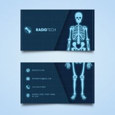 a business card with a skeleton on the front and back side, in blue tones