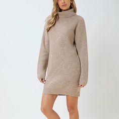 Gorgeous Motf Turtleneck Sweater Dress Beige Mini Dress For Fall, Chic Neutral Mini Dress For Fall, Fall Sweater Dress In Beige, Mini Length, Beige Mini Sweater Dress For Fall, Fall Beige Mini Sweater Dress, Fall Beige High Neck Dress, Beige High-neck Dress For Fall, Beige High Neck Dress For Fall, High Neck Beige Dress For Fall