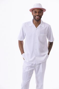 Looking for a stylish and comfortable suit to take on your next spring or summer walk? Here it is! Made with refined polyester, this set is perfect for a day out in the sun. Plus, the open collar provides extra breathing room on those warm days. So head out and enjoy the fresh air – in style. 2-Piece Outfit Premium quality Short Sleeve Shirt Open Collar Button Closure 1" Cuff Length: 32" Inseam Single Pleat Pants Solid Color Refined Polyester Dry Clean Recommended Shop the solid color 696 collec Mens 2 Piece Outfits, Men’s Two Piece Outfit, 2 Piece For Men Casual, 2piece Outfits For Men, Tailored Casual Summer Suits, Spring Solid Color Collared Sets, Casual Tailored Sets With Pockets, White Relaxed Fit Collared Set, Classic Collared Sets For Spring