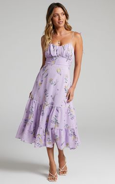 Lavender Botanical, Sweetheart Midi Dress, Monaco Dress, Lavender Dresses, Lilac Dress, Floral Chiffon, Guest Outfit, Midi Dress Sleeveless, Tiered Dress