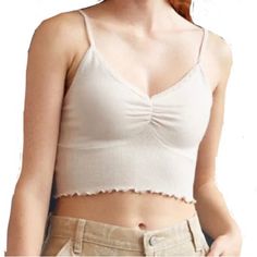 Cream Lace Scallop Spaghetti Strap Tank Top Crop Cami Pacsun Nee With Tags Size Medium Beige Crop Top With Built-in Bra For Summer, Spring Cream Tank Top With Built-in Bra, Beige Spring Tank Top With Built-in Bra, Beige Tank Top With Built-in Bra For Spring, Beige V-neck Camisole With Built-in Bra, Beige Cotton Tank Top With Built-in Bra, Beige Crop Top With Built-in Bra, Trendy Beige Crop Top With Built-in Bra, Casual Beige Cami Tank Top