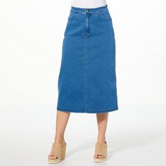 IMAN Global Chic Denim Midi Skirt   We took everything you love about your favorite pair of jeans and put them into this easy-to-style denim twill midi skirt. A timeless classic, this A-line designed garment provides a flattering fit while boosting your confidence. Classic Cotton Denim Skirt For Spring, Spring Denim Blue Pencil Skirt, Classic Mid-rise Denim Skirt For Summer, Spring Medium Wash Denim Pencil Skirt, Classic Cotton Pencil Skirt For Spring, Classic Spring Cotton Pencil Skirt, Classic Mid-rise Denim Skirt For Spring, Everyday Denim Blue Skirt For Spring, Classic High Rise Denim Skirt For Summer