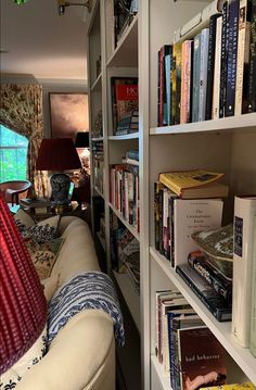 a living room filled with lots of books on top of a white book shelf next to a lamp