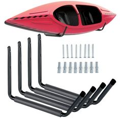 a red and black kayak with several pieces of screws