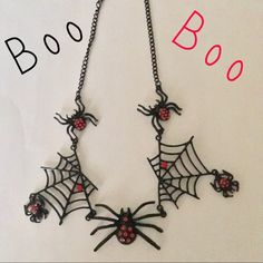 Great Quality Alloy Metal Spider Necklace With Red Stone Accents. Get It In Time For Halloween Black Themed Necklace For Halloween, Halloween Themed Black Necklace, Themed Black Necklace For Halloween, Red Novelty Jewelry For Halloween, Handmade Red Halloween Necklaces, Handmade Red Necklaces For Halloween, Novelty Halloween Party Necklaces, Spooky Red Halloween Jewelry, Black Novelty Jewelry For Party