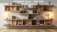 an open book shelf with books on it and a lamp next to it that reads, opening sale 70 % off