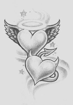 an angel heart tattoo with wings and stars on the back of its head, in grey ink