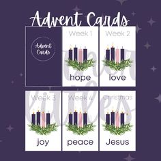 four christmas cards with candles on them and the words,'advente card week 2 hope