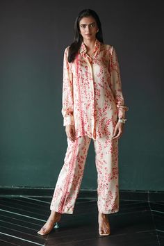 Off white floral printed shirt with sequin embroidery. Paired with sequin embroidered pant . - Aza Fashions Elegant Summer Sets With Printed Motifs, Spring Long Sleeve Pant Set With Printed Motifs, Elegant Summer Palazzo Set With Printed Motifs, White Floral Print Pant Set For Summer, Elegant Spring Matching Palazzo Set, Elegant Spring Palazzo Matching Set, Spring Silk Pant Set With Long Sleeves, Elegant White Palazzo Set With Floral Print, Elegant Festive Printed Palazzo Set