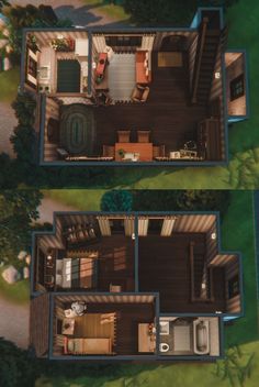 an aerial view of two houses in the same area, each with their own kitchen and living room