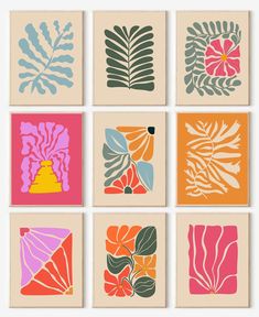 six square paintings with flowers and leaves in different colors, each on a beige background