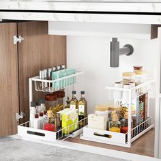 the kitchen cabinet door is open to reveal two shelves with food and condiments