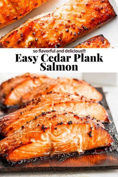 grilled salmon on a cutting board with text overlay that reads easy cedar plank salmon