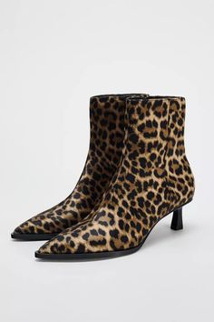 ANIMAL PRINT KITTEN HEEL ANKLE BOOTS - Leopard | ZARA United States Pointed Kitten Heels, Kitten Heel Ankle Boots, Leopard Loafers, Animal Print Shoes, Cargo Shirts, Print Shoes, Trench Jacket, Heel Ankle Boots, Cardigan Sweater Dress