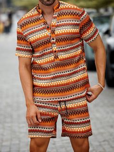 Men Summer Geometric Print Short Sleeve Shirt And Shorts Casual Outfits Multicolor Boho    Geometric,Striped,Tribal  Slight Stretch  Men Clothing, size features are:Bust: ,Length: ,Sleeve Length: Drawstring Waist Shorts, Traje Casual, Shirt And Shorts, Boho Geometric, Shorts Casual, Men Summer, Mens Casual Outfits, Outfit Casual, Kids Beachwear