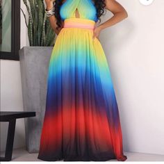 Beautiful Rainbow Maxi Brand New With Tags. Blue V-neck Dress For Summer Parties, Multicolor Halter Neck Dress For Summer Parties, Summer Evening Multicolor Maxi Dress, Blue Sleeveless Maxi Dress For Summer Parties, Colorful Summer Party Dresses, Multicolor Maxi Dress For Summer Parties, Colorful Maxi Summer Dress, Vibrant Summer Party Maxi Dress, Spring Multicolor Maxi Dress For Party