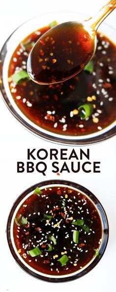 korean bbq sauce is being spooned into a bowl with sesame seeds on top