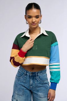 VARSITY LETTER LONG SLEEVE CROPPED POLO SHIRT – AKIRA Little Top Big Pants, Cropped Polo Shirt, Cropped Polo, Upcycle Shirt, Varsity Letter, Retro Sweater, Outfit Formulas, Color Block Top, How To Make Clothes