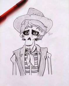 a drawing of a skeleton wearing a hat