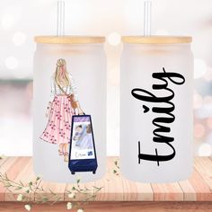 two personalized mason jars with the words, i love you and an image of a woman in a dress