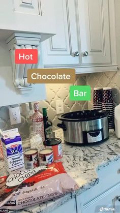 the kitchen counter is covered with ingredients for making hot chocolate bar in an instant pressure cooker