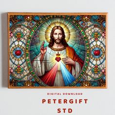 a painting of jesus holding a heart in front of a stained glass window with the words, digital download